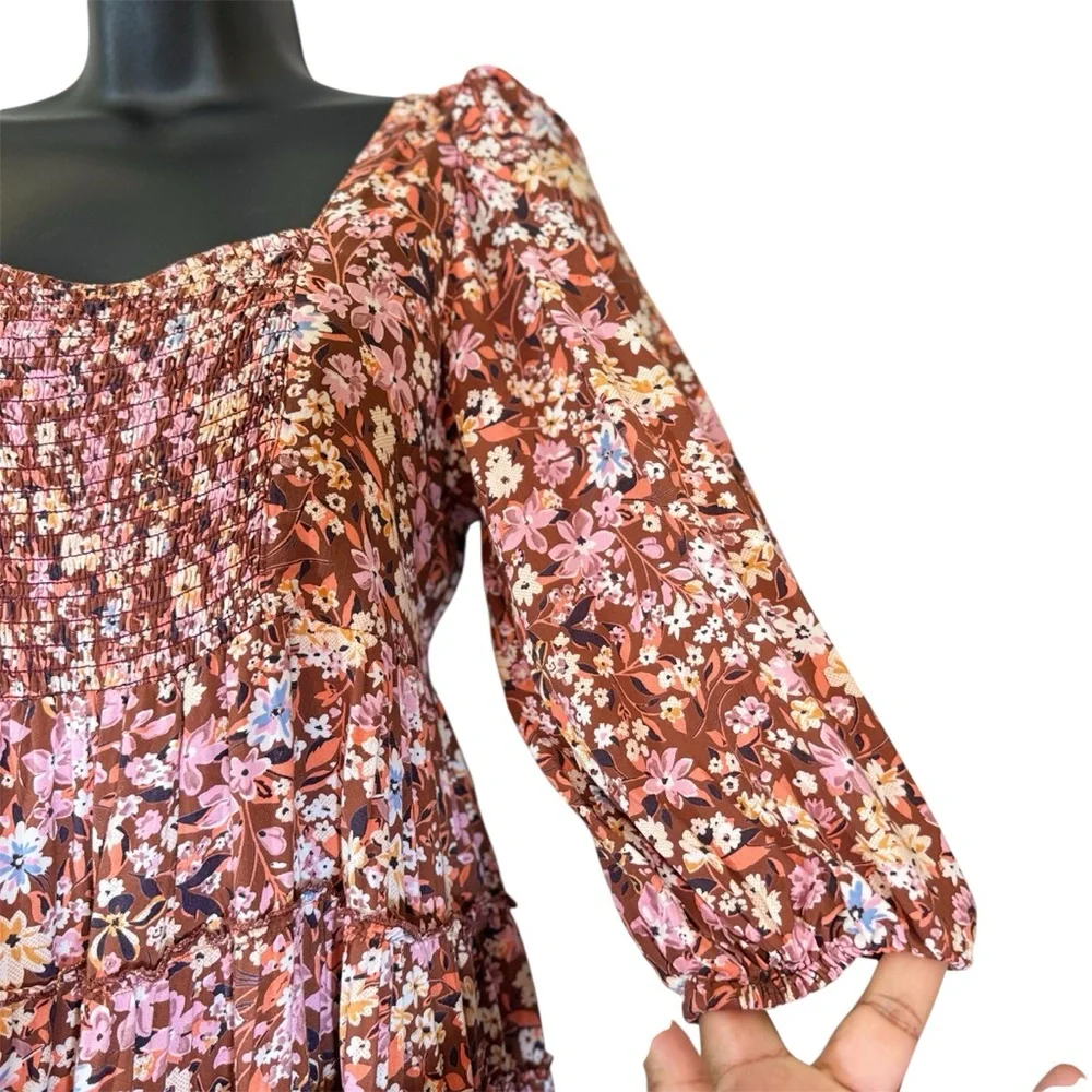 Gypsy Love Smocked Floral Puff Sleeve Mini Dress Boho Festival Style Size M - Picture 11 of 14